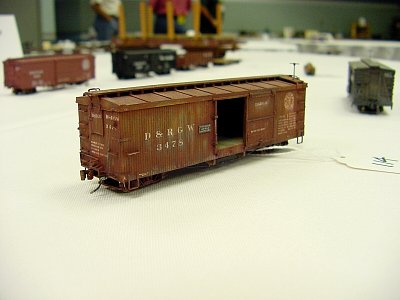 D&RGW 3000 series boxcar. HOn3 - really sharp. These next two and the ones behind look like the same person's work.